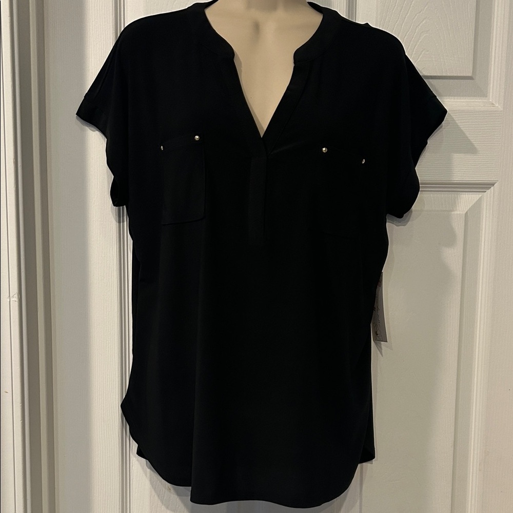 Split-Neck Short-Sleeve Blouse with Chest Pockets